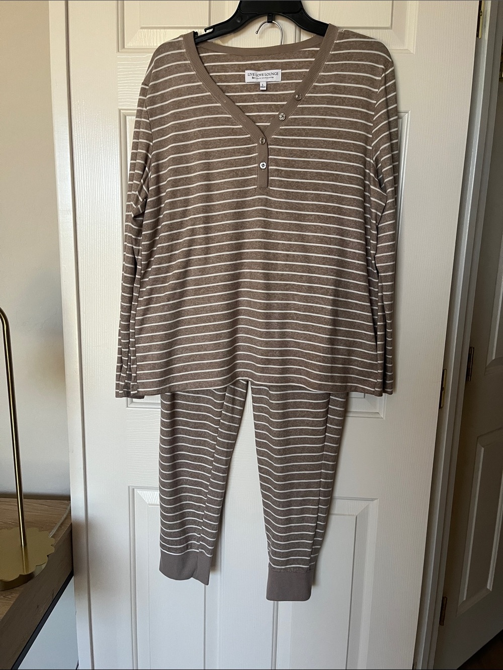Womens 2 piece Striped Taupe and Cream Pajama Set